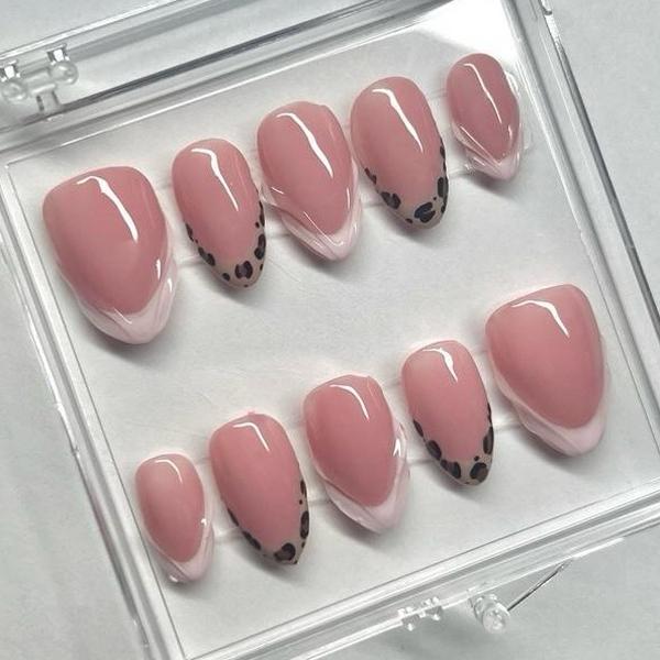 Leopard Print Frenchies Press On Nails - Pink with Black Leopard Design in Clear Storage Box