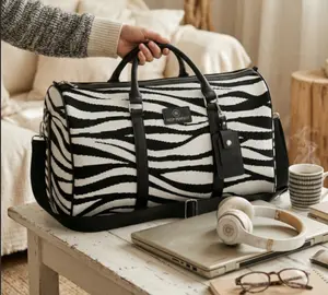 KEEP PERFECT Black and White Zebra Print 3D Knitted Travel Bag with Adjustable Strap and Zipper Closure. lightweight / spring summer Premium soft knit tech Fashionable Patterned Bag multifunctional
