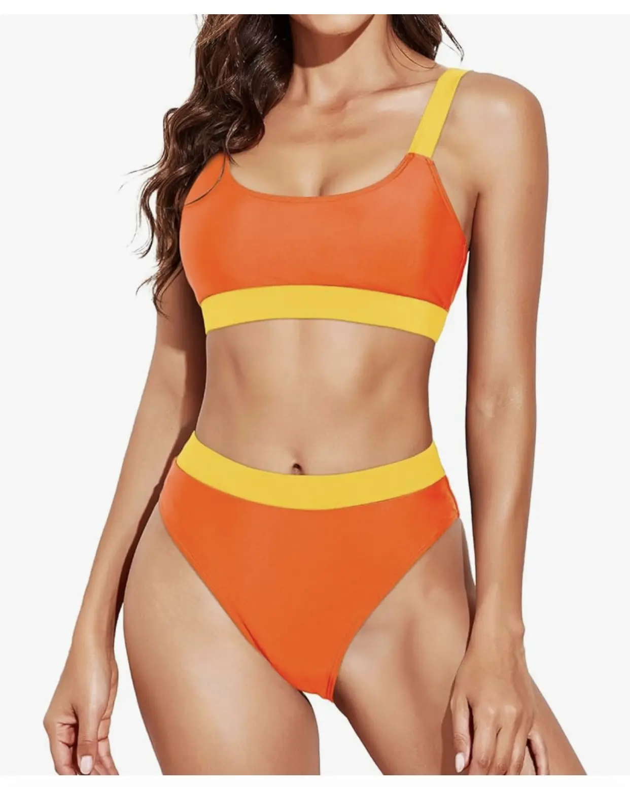 High Waist Color Block Orange Bikini Set