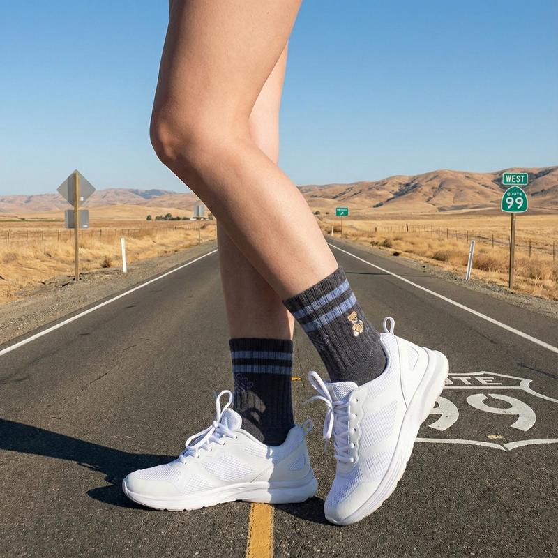 Auravia Women's Cute Teddy Bear Cotton Quarter Ankle Socks 5 Pairs Striped Patterns Breathable Sweat-Wicking Preppy Style Everyday Wear Soft Comfortable Stylish Casual Womenswear