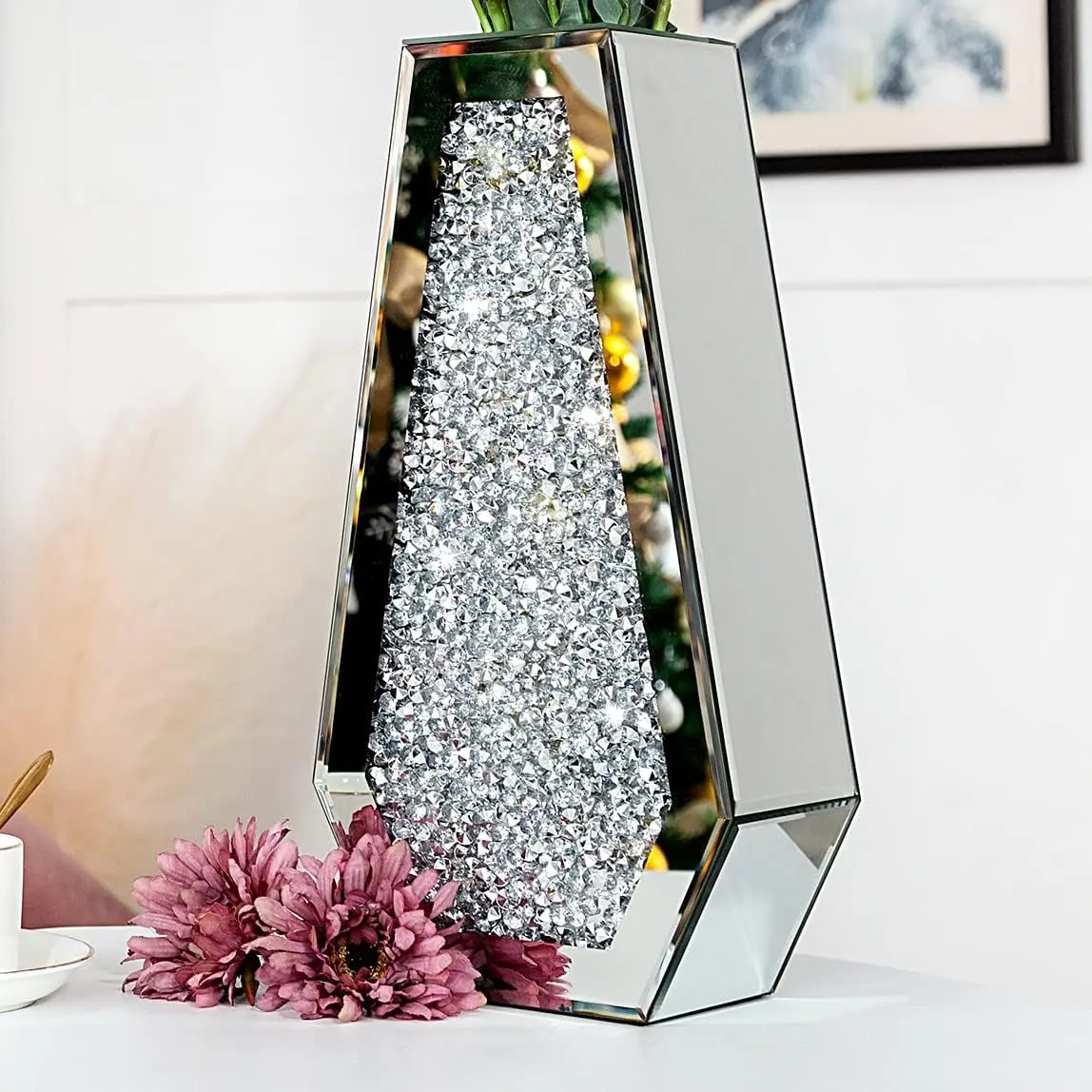 Crushed  Mirrored Flower Vase Large Glass Vase Modern  Decorative Mirror Vases Stunning Luxury Tall Floor Vase for Centerpieces  Home Decor, , 14" H. Can't Hold Water.