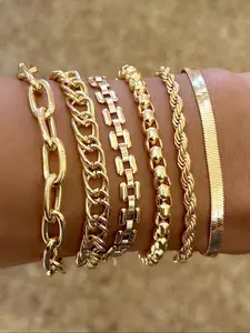 Women's Vintage Cuban Chain Bracelet Set, Stackable Bracelets, Metal Hand Jewelry Gift, Fashionable & Elegant Design, Perfect for Daily Wear & Special Occasions