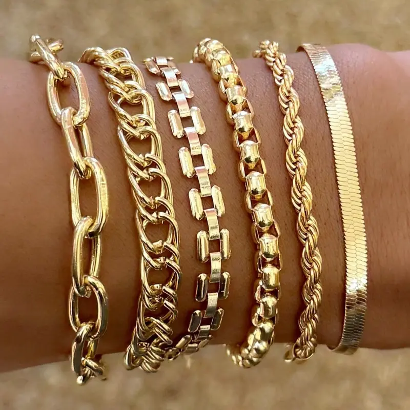 Women's Vintage Cuban Chain Bracelet Set, Stackable Bracelets, Metal Hand Jewelry Gift, Fashionable & Elegant Design, Perfect for Daily Wear & Special Occasions, Link Bracelets, Bracelet Stacks