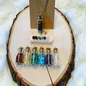 7 Chakra Balancing Crystal Chip Necklace Bottle Set & Chakra Selenite Wand