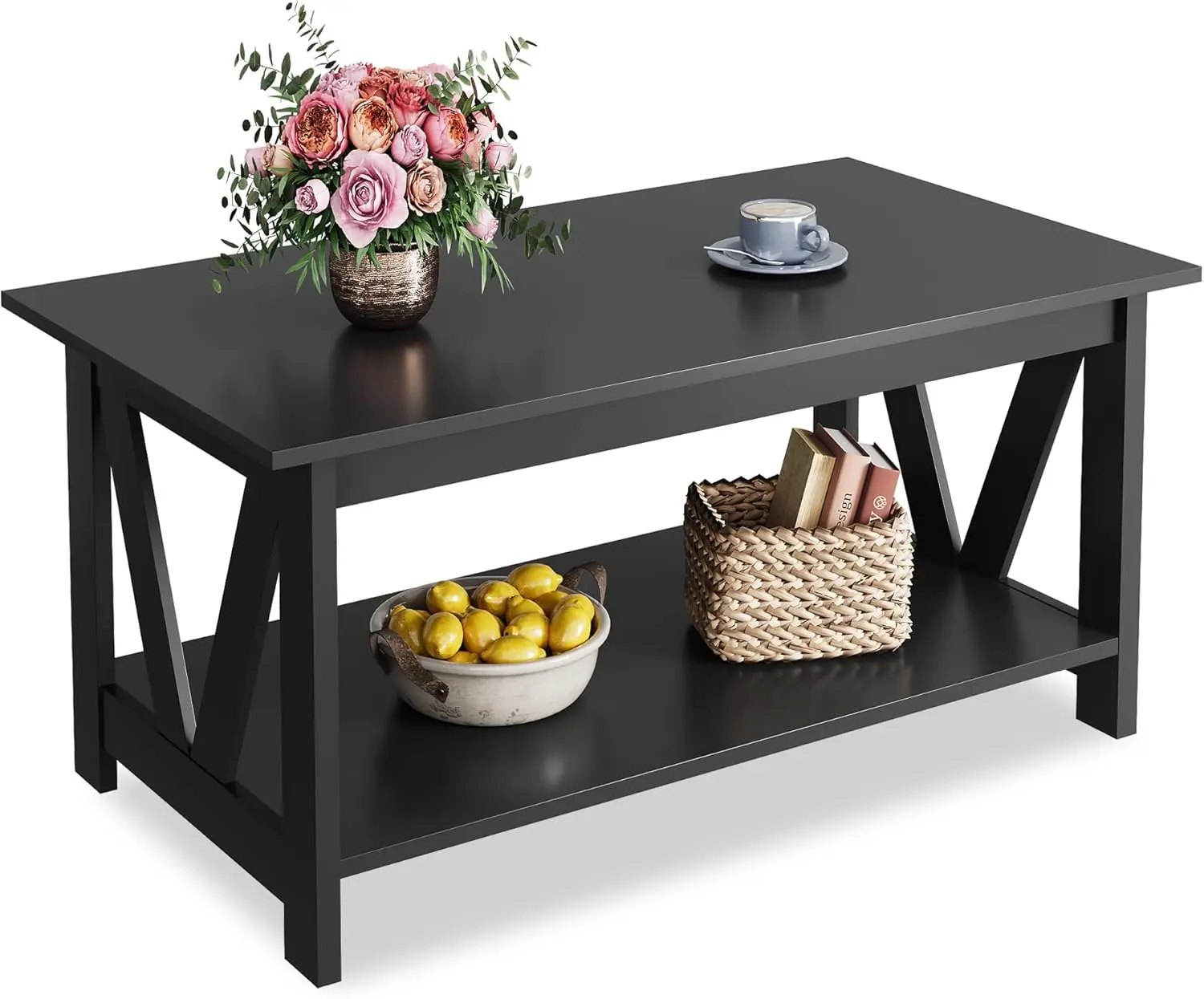 WLIVE 39.4" x 21.7" x 18.6" Farmhouse Rustic Wood Rectangular Coffee Table - 2-Tier, V-Frame Heavy-Duty Structure, Storage Shelf, Accent Table, Indoor Living Room/Balcony Center Furniture, 130 lbs Capacity, Assembly Required