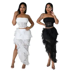 Women's Set Lace See Through Sleeveless Strapless Top +Ruffles Long Skirts Suit 2024 Summer Sexy Two 2Piece Sets Outfits