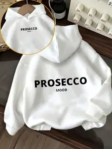 Women's Retro Prosecco Mood Hoodie, with Lettering, Kangaroo Pocket, Long Sleeve, Loose-Fit, Fall & Winter Casual Wear