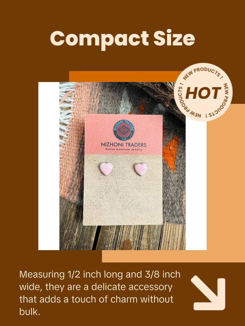 Navajo Queen Pink Conch & Sterling Silver Heart Stud Earrings