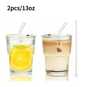 2 Set 13oz Ribbed Glass Cups with Lids and Straws, Thickened Glassware Set, Ripple Design, Glass Tumbler Cup, for Coffee, Soda, Milkshake, Cocktail, Juice, Includes Cleaning Brush