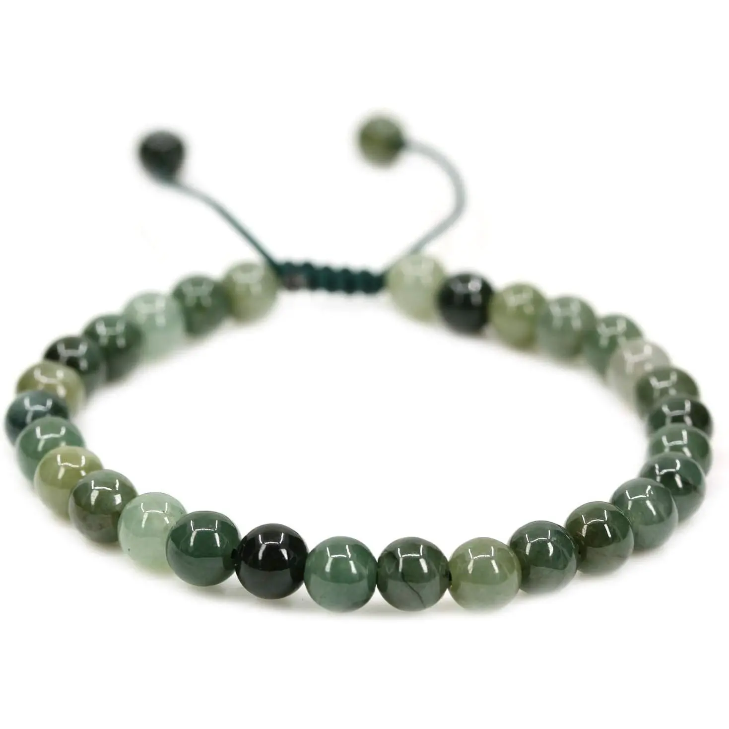 Angelstones Handmade Gemstone 6mm Dark Green Jade Round Beads Adjustable Braided Macrame Tassels Chakra Reiki Bracelets 7-9 inch Unisex