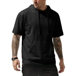 JMIERR Mens Short Sleeve Hoodie Cotton Hooded T-shirts Lightweight Solid Tops with Pocket