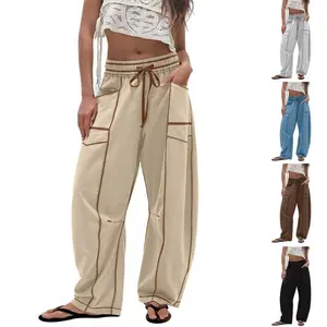 Women's  High Waisted Barrel Sweatpants Baggy Wide Leg Drawstring Joggers with Pockets and Seam Stitch Details | Regular Lined for Fall & Spring, Cozy Fleece Lined for Winter