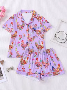 Women's 2-Piece Summer Fresh Purple Floral Rooster Print Short Sleeve Pajama Set, Turn-Down Collar Button-Down Loungewear Set, Breathable Soft Fabric, Casual Wear for Home & Outings, Pastoral Style Cute Floral-Feathered Rooster Patterns Accented with Colo