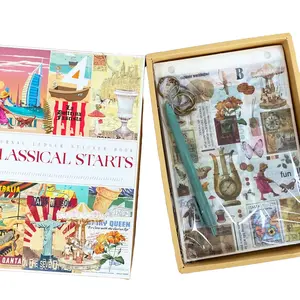 Retro Style DIY Journal/Scrapbook Set, Include 96pcs Craft and Decorative Paper, Stickers and Decoration tools
