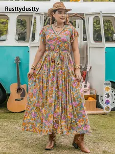 Plus Floral Print Ruffle Hem Belted Butterfly Sleeve A Line Dress, Summer Clothes Women Boho Contrast Lace Dress for Beach Vacation Holiday, Sundress Maxi Dress Casual Boho Bohemian