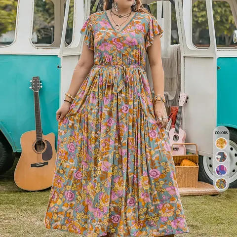 Plus Floral Print Ruffle Hem Belted Butterfly Sleeve A Line Dress, Summer Clothes Women Contrast Lace Dress for Beach Vacation Holiday, Sundress Maxi Dress Bohemian, Boho Fashion Dress