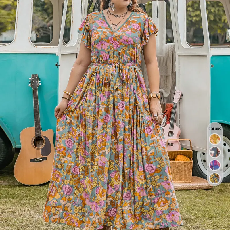 Plus Floral Print Ruffle Hem Belted Butterfly Sleeve A Line Dress, Summer Clothes Women Contrast Lace Dress for Beach Vacation Holiday, Sundress Maxi Dress Bohemian, Boho Fashion Dress