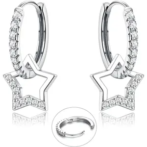 MILACOLATO 925 Sterling Silver Star Dangle Hoop Earrings Colorful Sparkling Butterfly Heart CZ Charm Small Drop Earrings Hypoallergenic Silver Huggie Hoop Earring for Women Girls