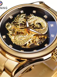 Chinese Dragon Men's Mechanical Watch with Diamond Accents, Casual High-Style Automatic & Wristwatch, Analog Watch, Ideal Gift for All Seasons