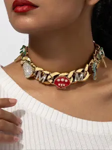 Fashion Letter & Heart Design Chunky Chain Necklace, Rhinestone Decor Cuban Necklace for Party, Daily Clothing Decor, Trendy All-match & Exquisite Jewelry for Gift hip hop heart necklace