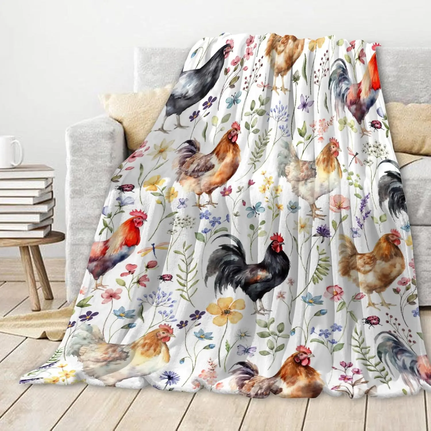 JOOCAR Chickens Blanket | Plush Chicken Wildflowers Blanket | Chickens Farm Lover Blanket for Couch Bed Sofa | Chickens Decor for Girls Boys | Gift for Chickens Lovers for All Seasons