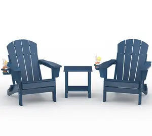 GAOMON Folding Adirondack Chair Set of 2 with Side Table, HDPE Outdoor Patio Chair with Cup Holder, All Weather Resistent Wooden Textured for patios, Decks, Gardens, fire Pit, Navy Blue