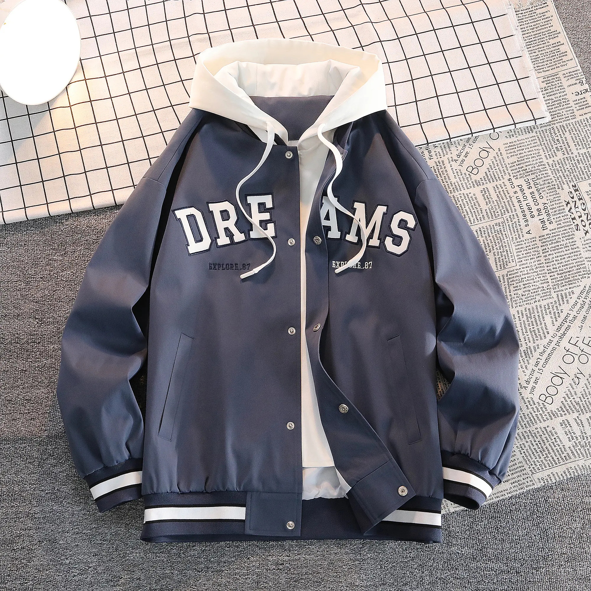 Men's Stylish Hooded Letter-Embroidered Pullover Jacket - Longsleeves, Fitted, Plain Minimalist Design, Sleek Elegant Hood, Striped Cuff Accents, Nice Jacket, Casual Versatile Menswear, Father's Day Gift