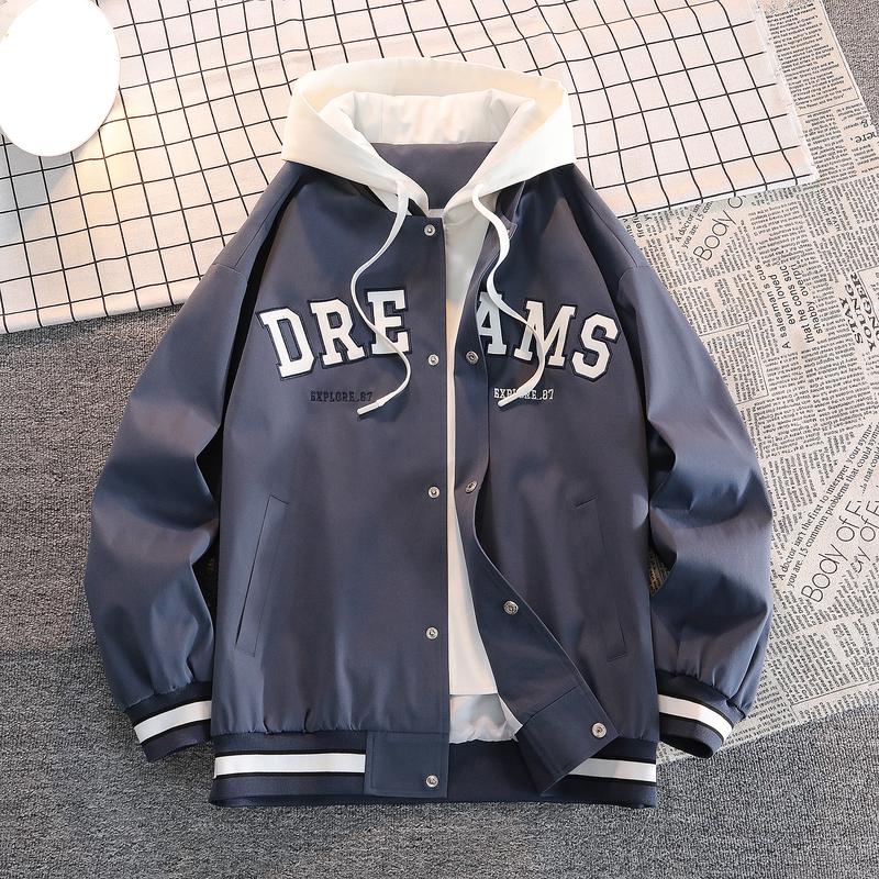 A hooded letter jacket, featuring a casual and simple style. The hooded design is sleek and elegant, while the overall design is practical and versatile. The letter embroidery adds a touch of sophistication, and the striped accent at the cuffs completes t