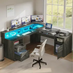 YITAHOME 60" Corner Computer Desk with Drawers & Lift Top ，L Shaped Desk with Power Outlets & LED Lights， Home Office Desk with Monitor Stand & File Cabinet, Wood Height Adjustable Desk
