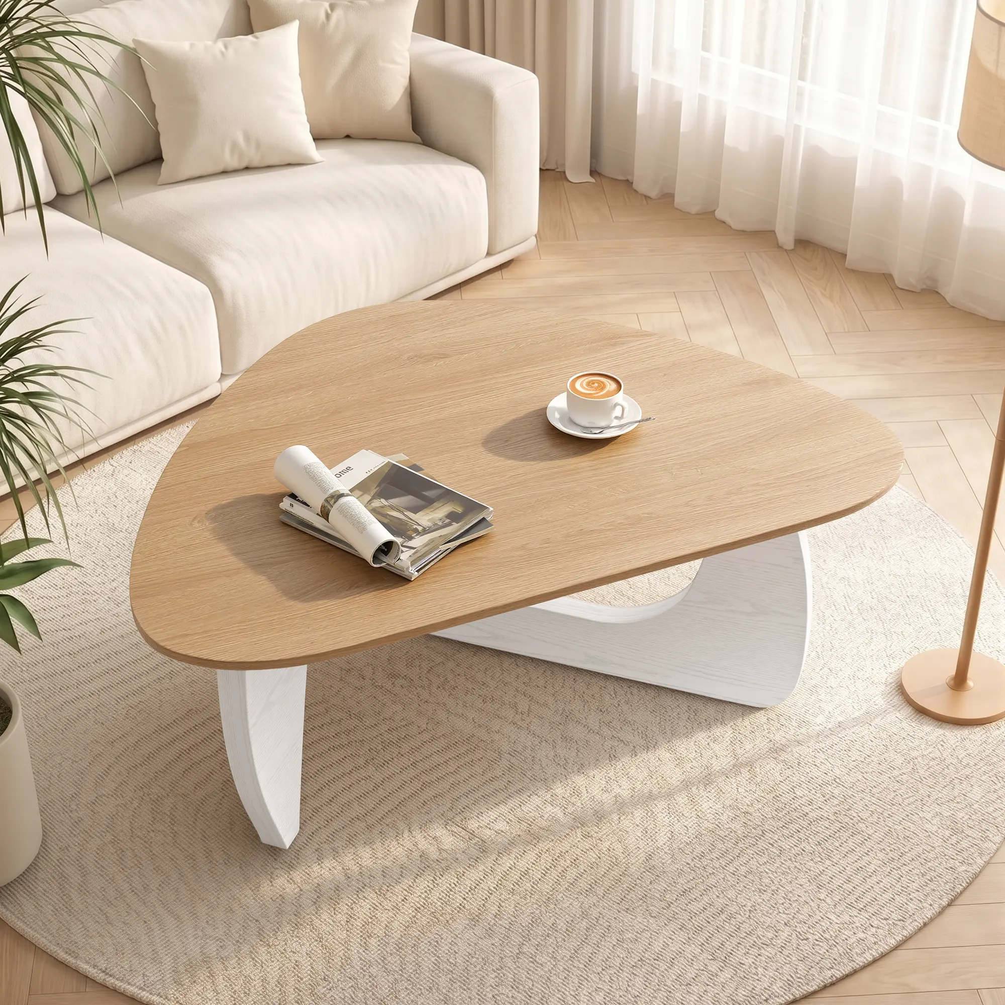 Modern Triangular Coffee Table, 35 inch Wood Center Table with Rounded Edges, Low Profile Aesthetic Teardrop Sofa Table for Living Room, Apartment, Small Space, Light Oak Top White Frame