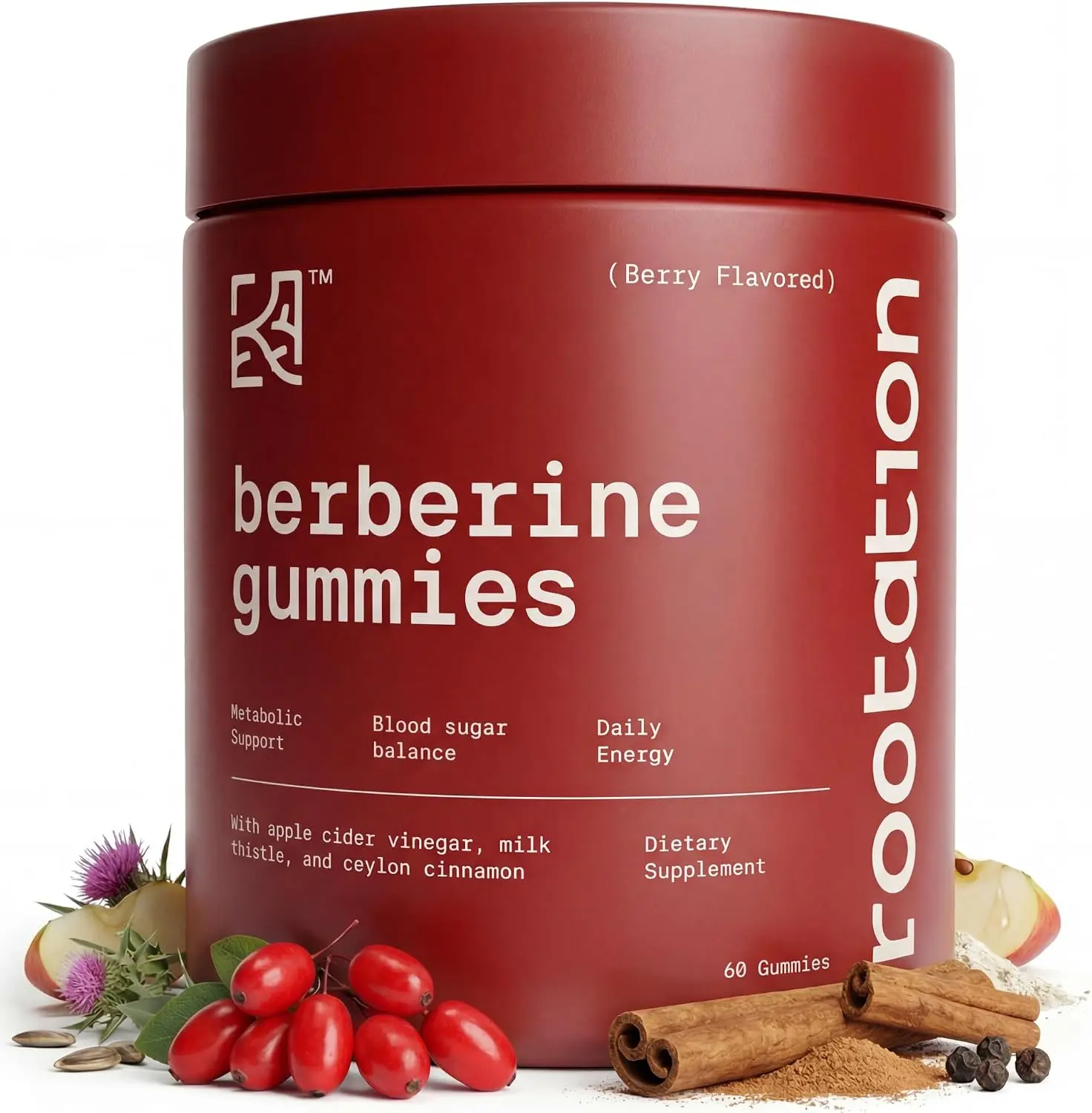 Berberine HCL 500mg Gummies with Ceylon Cinnamon, Milk Thistle, Apple Cider Vinegar & Inulin Fiber - Zero Sugar Vegan Non-GMO Supplement - 60 Count