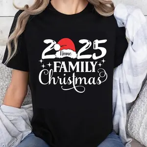 100% Cotton Unisex Custom 2025 Family Christmas Matching Shirts, Personalized Family Xmas T-Shirt, Add Your Name Christmas Santa Hat Outfits