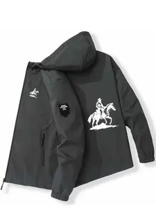 Vintage Western Horse Riding Denim Silhouette Print Hooded Jacket, High-Quality Polyester Fiber, Casual Slim-Fitting Outerwear