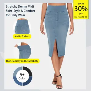 THE GYM PEOPLE Women's High Waisted Stretchy Jean Skirts Front Slit Washed Midi Denim Skirt with Pockets Bottoms Basic