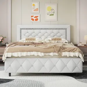 Twin/ Full/ Queen/ King Size Bed Frame, Upholstered Bed Frame With Diamond Headboard And Footboard, No Box Spring Needed, Easy Assembly, White/ Beige/ Black/ Grey/ Pink/ Purple/ Green