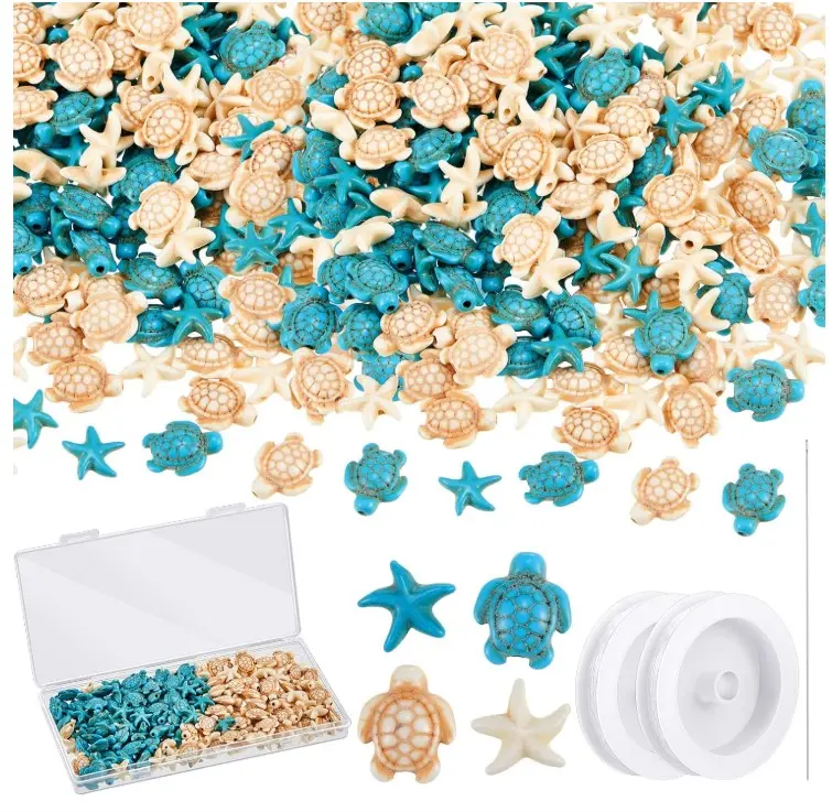 200 Pcs Turtle Beads Charm Starfish Beads Bulk Turquoise Synthetic Ocean Sea Theme Turtle Charms Summer Hawaii Beaded for Jewelry Making Beading Kit Bracelets DIY Supplies