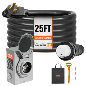 VEVOR 50 Amp Generator Cord and Power Inlet Box Kit, Summervibes, 25FT, NEMA 14-50P/SS2-50R STW 6/3+8/1 AWG Generator Power Cord with Twist Lock Connector, Pre-Drilled Inlet Box for Generator to House, ETL Listed