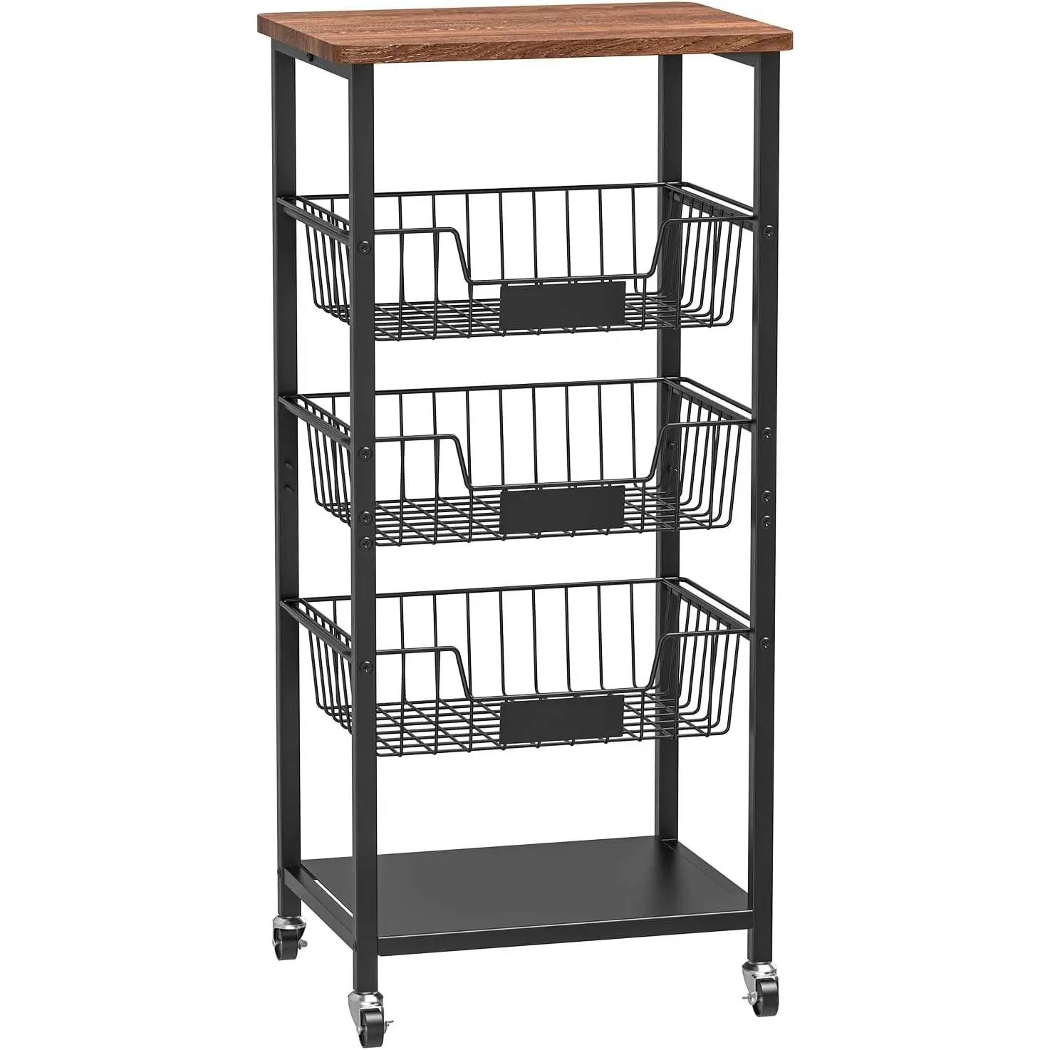 5-Tier Roller Kitchen Cart with Black Metal Rack, Baskets, Wooden Top, Adjustable Storage Rack - Compact, Configurable Countertop Extension Utility Cart for Home Supplies, Compact Storage Utility Carts