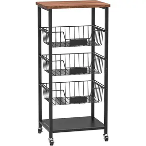 Kitchen Storage Cart, Kitchen Basket, 5-Tier Utility Organizer with Baskets and Wood Top, Rolling Snack Cart with Wheels, Metal Black