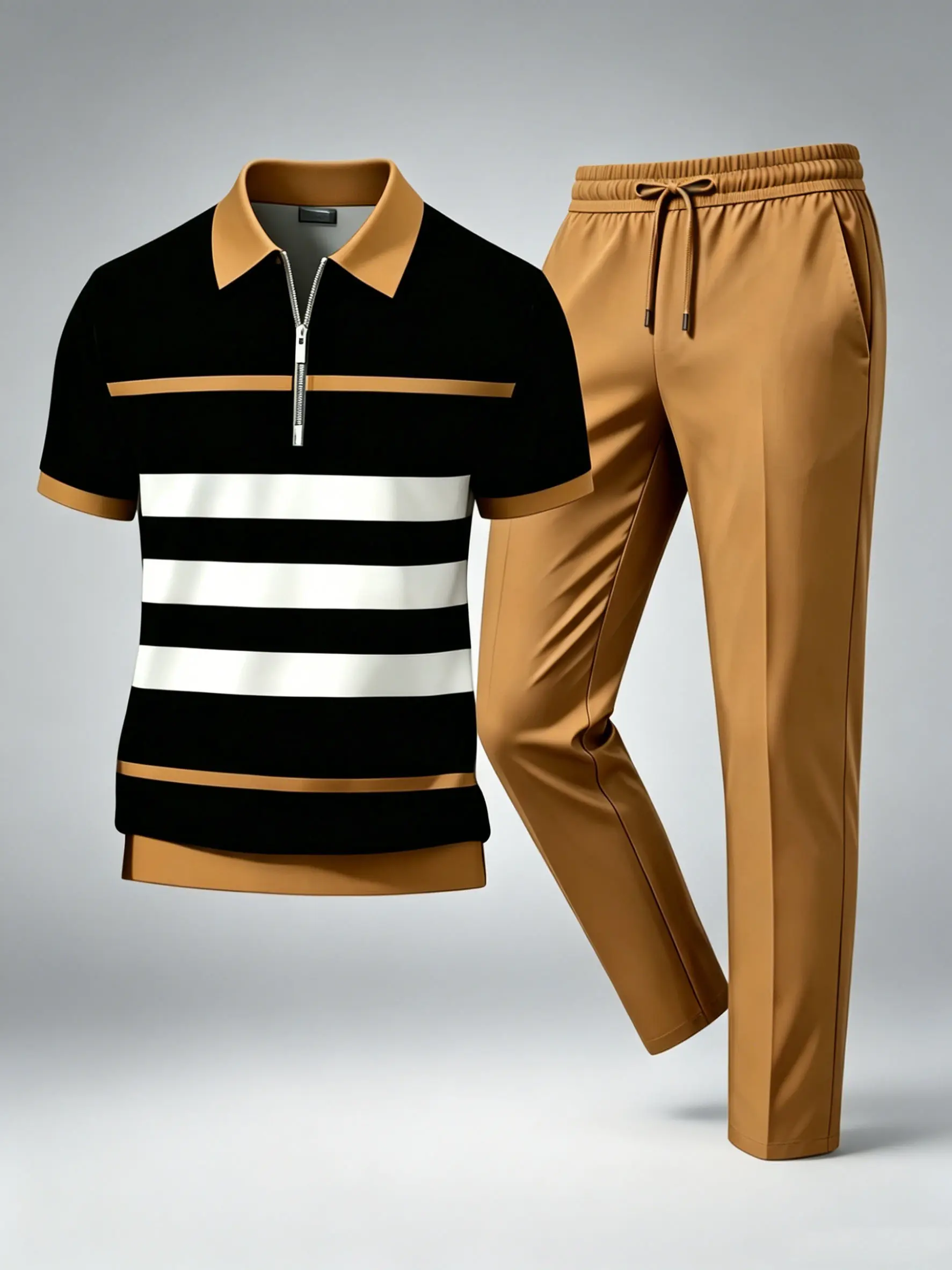 Men's 2-Piece Casual Suit Set, Summer New Semi-Open Placket Zipper Short-Sleeved Top & Versatile Pants, Fashionable Menswear for Sports & Outdoor Use
