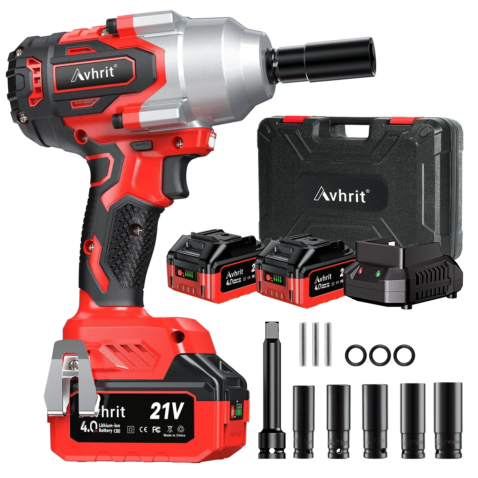Avhrit Cordless Impact Wrench, 850N·m/630ft-lb 1/2 Impact Wrench gun, High Torque Tool, w/ 2x 4000mAh Battery, Charger & 5 Sockets, 5-inch extension b