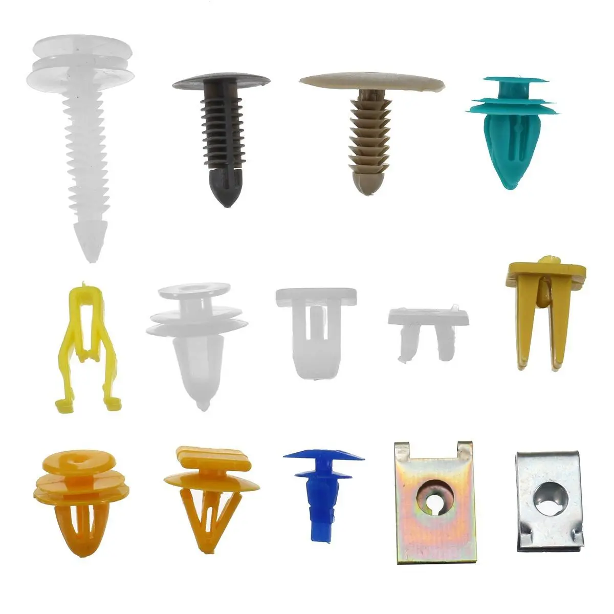 100 pieces of General Motors bumper protectors, hybrid fastener rivet clips, plastic panel expansion screws, various models of door trim clips - interior panel fastening tools