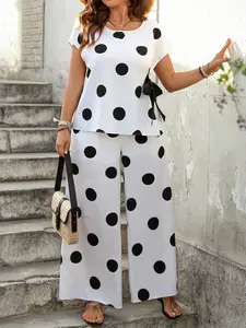 Plus Size Women's Polka Dot Print Top & Wide-Leg Pants Set Casual Fashion Comfortable All-Season Wear for Everyday Outdoors