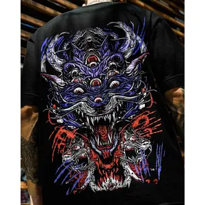 Vintage Black Washed Multi Eyed Evil Monster Beast Graphic T Shirt Dark Gothic Hell Creature Back Print Edgy Punk Horror Aesthetic Oversized Streetwear Tee Unisex Loose Trendy TikTok Viral Casual All Season Daily Harajuku Streetwear Outfit