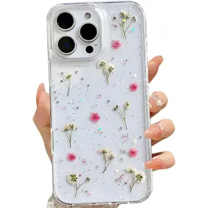 for Phonecase Clear Case with Pressed Real Flowers Design,Glitter Cute Pink Floral Pattern Slim Soft TPU Protective Women Girl's Phone Cover for phonecase