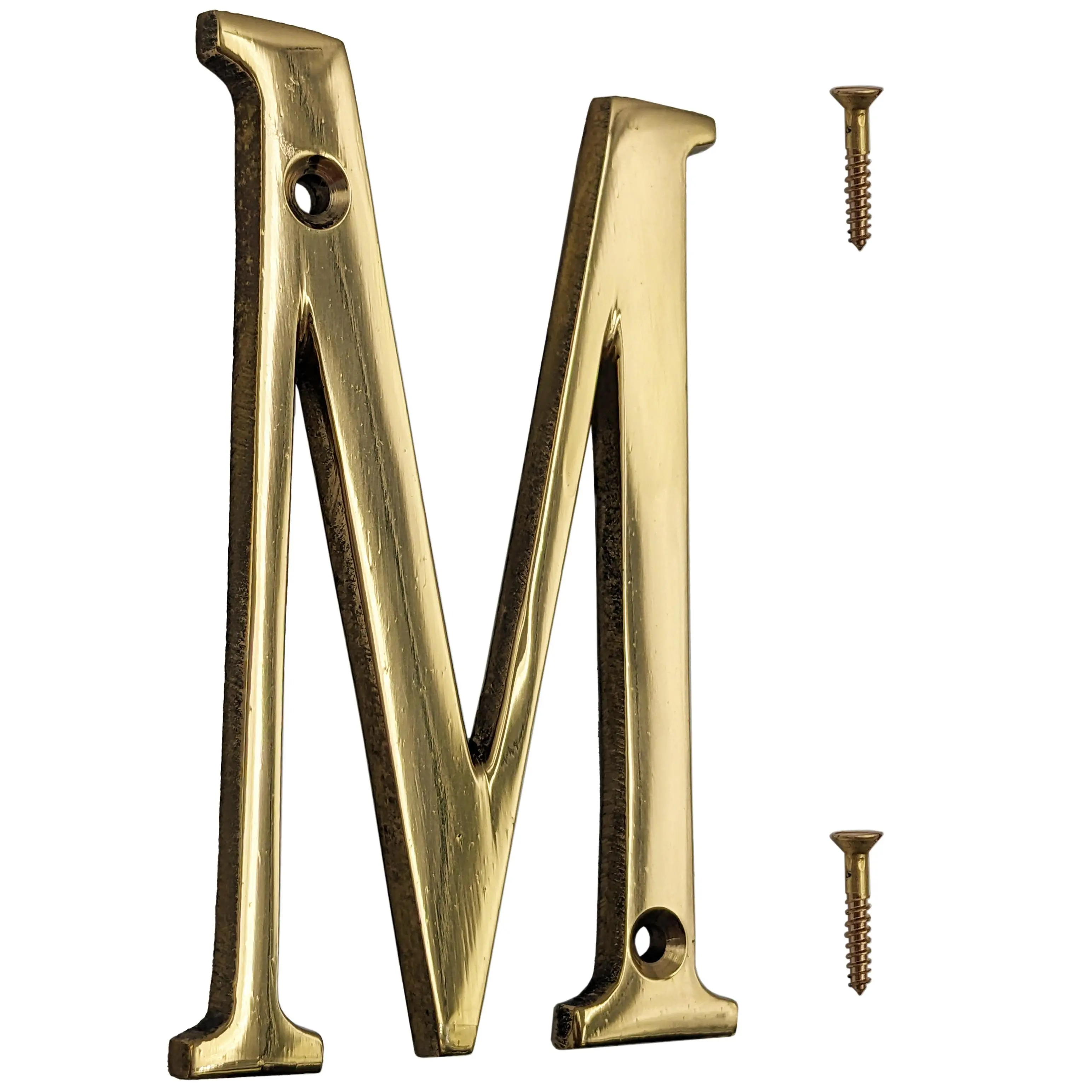 4-inch House Letter "M" with Mounting Screws, Polished Brass, Shiny Gold Color, Suitable for Mailbox, Home, Apartment, Hotel etc