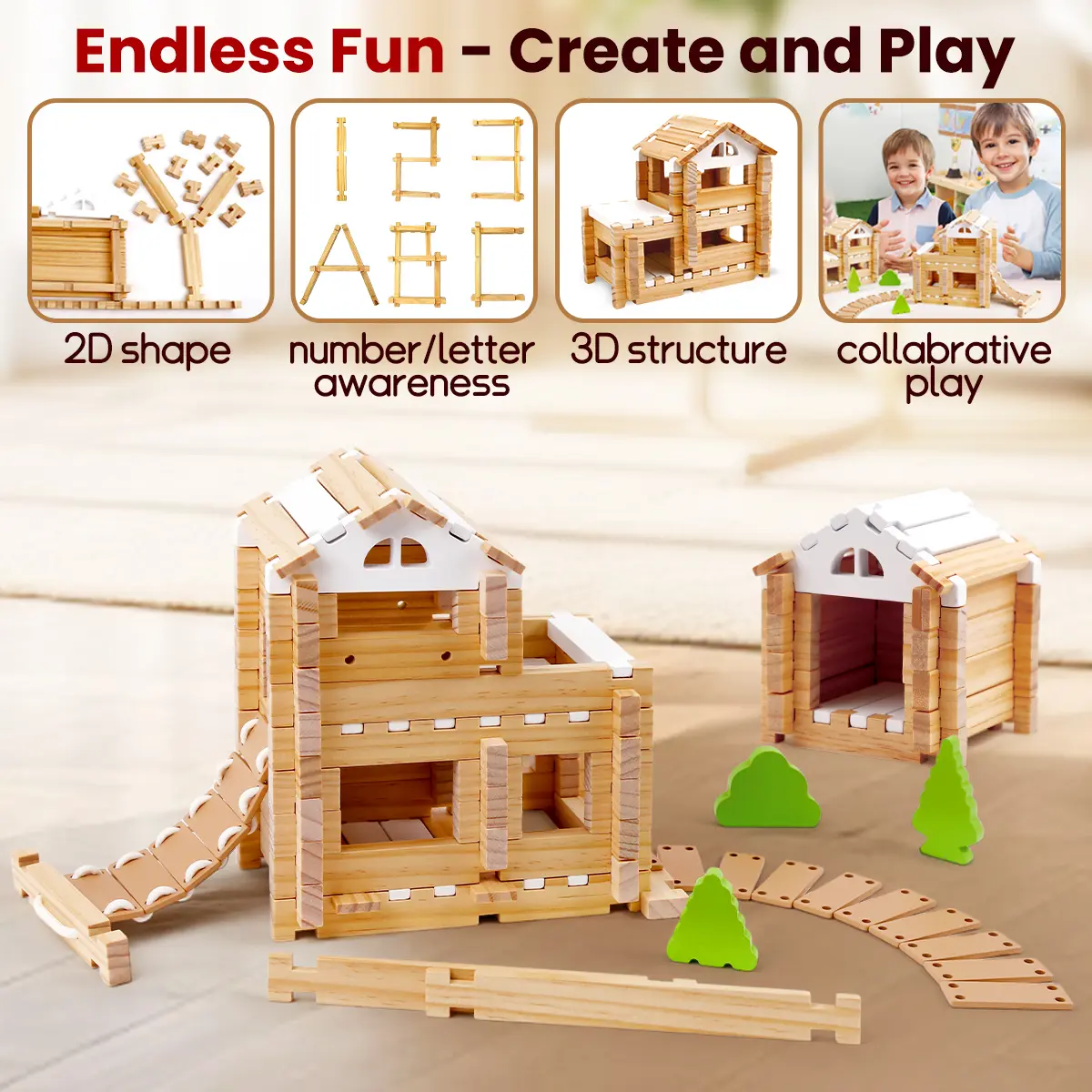 Notchies Jovi-mindly 96 PCS FSC Certified Eco-Friendly Wooden Building Block Kit - Interlocking, Stacking Building Blocks for 4-6 Years Old Kids with Small Hands, Easy-to-Clean Storage Bag