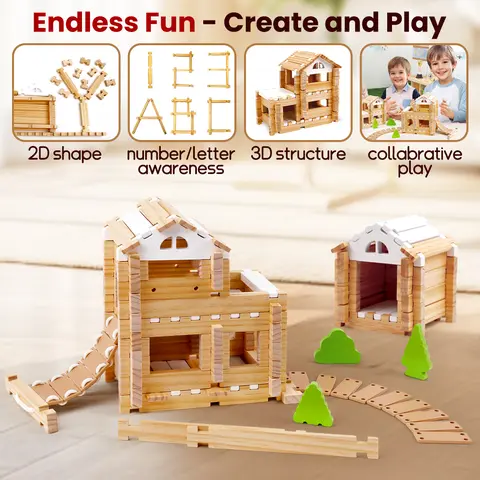 Notchies Jovi-mindly 96 PCS FSC Certified Eco-Safe Wood Interlocking Building Block Kit - Stacking Building Blocks for 3+ Years, Unisex, Kindergarten/Home Use, Easy-Clean Storage Bag (Boosts Creativity for Small Hands)