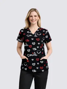 Cimmuovere Women's Elastic Heart Print V-Neck Short Sleeve Casual Work Uniform Top, Vital Scrub Top Clothing, Comfortable Fashion Design, Suitable for Daily Wear