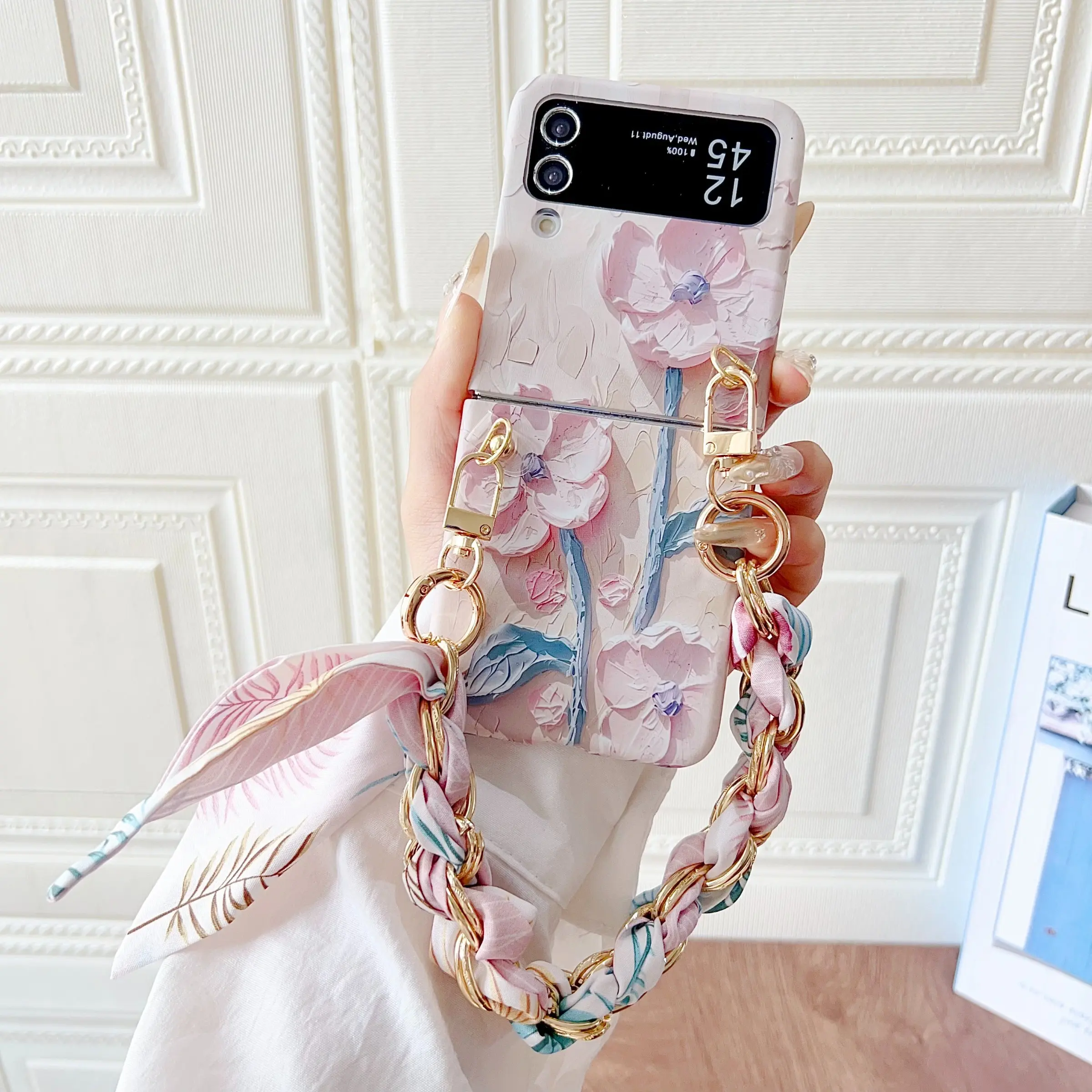 Luxury Floral Embossing Phone Case with Silk Scarf Bracelet, Compatible with Samsung Galaxy Zflip7/6/5/z Flip3/4, Elegant Women's Fashion Accessory, Watercolor Floral Design, Cellphone Casing, Covers, Mobile Phone Accessories, Smartphone Accessories